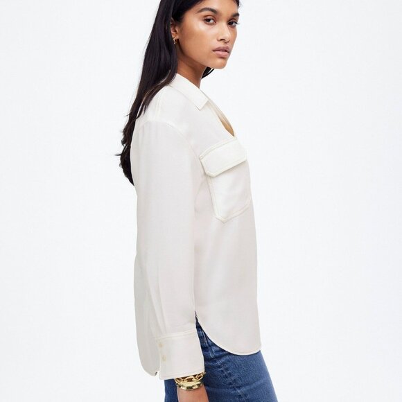 Madewell Contrast-Stitch Popover Shirt Women Small Winter White Crepe Blouse NWD - Picture 8 of 16